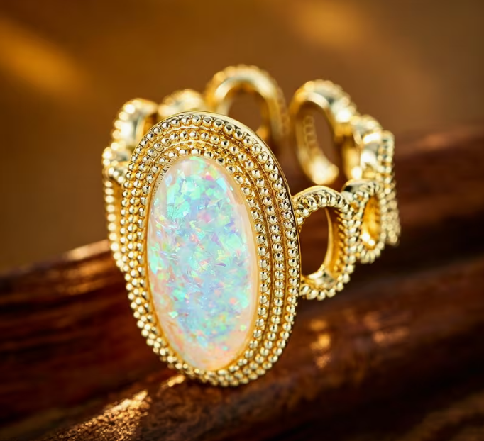Golden & Silver Opal Oval Open Ring